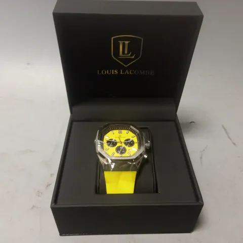 MENS LOUIS LACOMBE CHRONGRAPH WATCH – 3 SUB DIALS – GOLD COLOUR CASE – YELLOW RUBBER STRAP