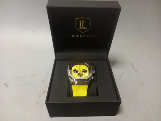 MENS LOUIS LACOMBE CHRONGRAPH WATCH – 3 SUB DIALS – GOLD COLOUR CASE – YELLOW RUBBER STRAP