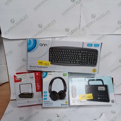 BOX OF APPROX 16 ITEMS TO INCUDLE - ONN WIRED KEYBOARD - ONN WIRELESS HEADPHONES - PORTABLE RADIO ECT