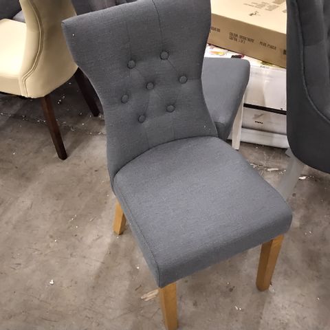 DESIGNER DARK GREY FABRIC DINING CHAIR WITH SHAPED BACK AND BROWN LEGS