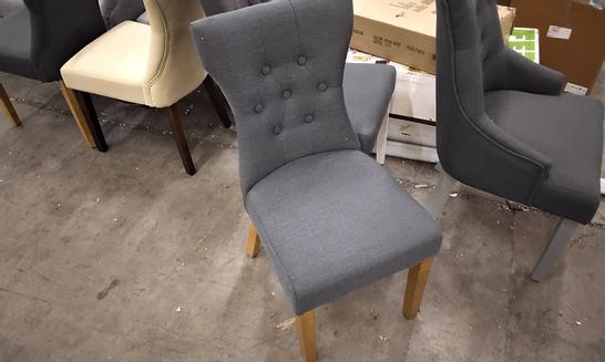DESIGNER DARK GREY FABRIC DINING CHAIR WITH SHAPED BACK AND BROWN LEGS