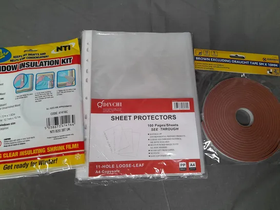 APPROXIMATELY 10 ASSORTED HOUSEHOLD ITEMS TO INCLUDE WINDOW INSULATION KIT, SHEET PROTECTORS, EXCLUDING DRAUGHT TAPE, ETC