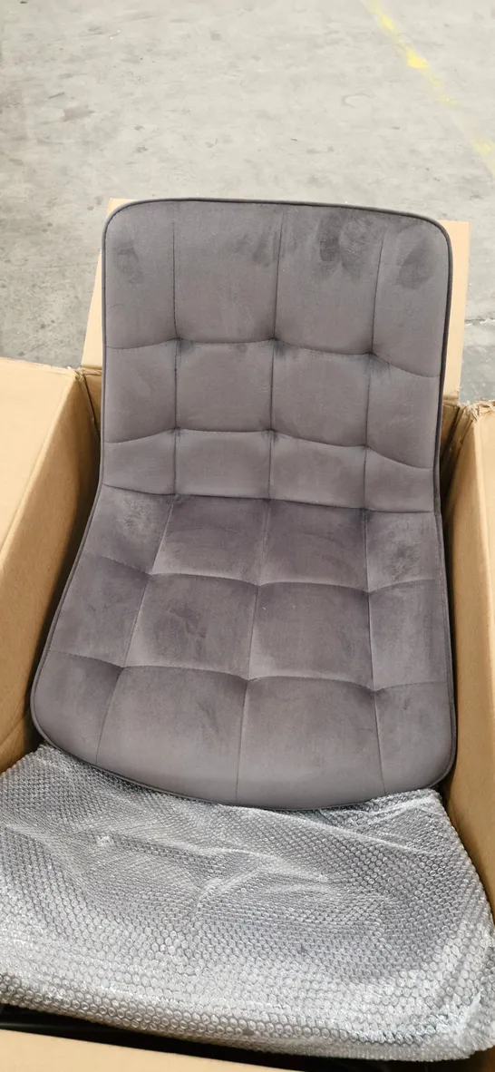 BOXED PAIR OF DARK GREY SOFT FABRIC UPHOLSTERED SIDE/DINING CHAIRS