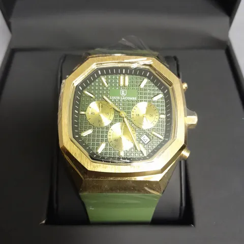 MENS LOUIS LACOMBE CHRONGRAPH WATCH WITH 3 SUB DIALS GOLD COLOUR CASE AND GREEN RUBBER STRAP