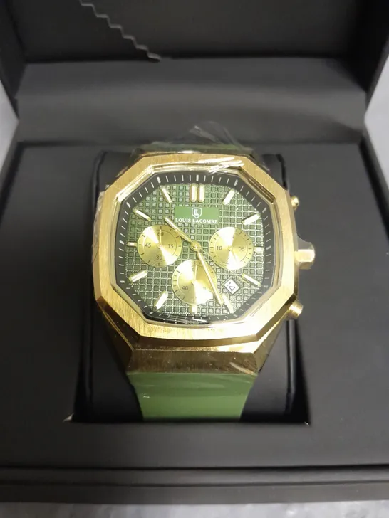 MENS LOUIS LACOMBE CHRONGRAPH WATCH WITH 3 SUB DIALS GOLD COLOUR CASE AND GREEN RUBBER STRAP