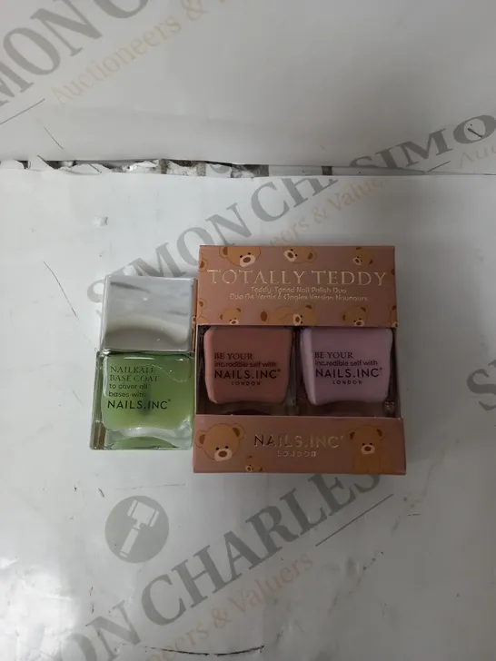 BOX OF 3 NAILS.INC NAIL PRODUCTS TO INCLUDE TOTALLY TEDDY DUO, NAILKALE BASE COAT. 