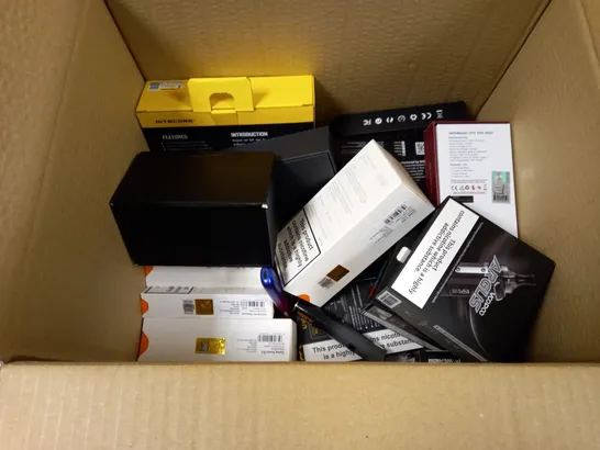 BOX OF APPROXMATELY 25 E-CIGARETTES AND LIQUIDS TO INCLUDE VOOPOO ARGUS, ASPIRE ZELOS 3 KIT, VAPORESSO, ETC