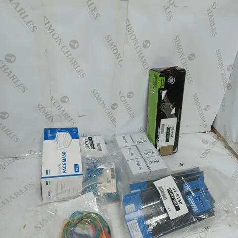 BOX OF ASSORTED ELECTRICAL AND HEALTH ITEMS TOO INCLUDE FACE MASKS , DRAPER TWEEZERS , AIR BELTS , ETC 