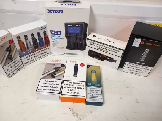 APPROXIMATELY 25 ASSORTED E-CIGARETTES AND E-CIGARETTE PARAPHERNALIA TO INCLUDE; GEEK VAPE, ASPIRE AND XTAR