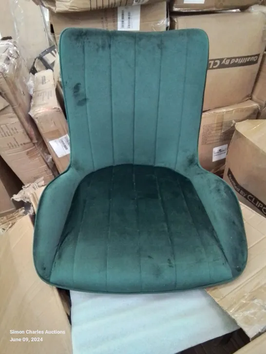 A BOXED PAIR OF GREEN SOFT VELVET UPHOLSTERED SIDE CHAIRS