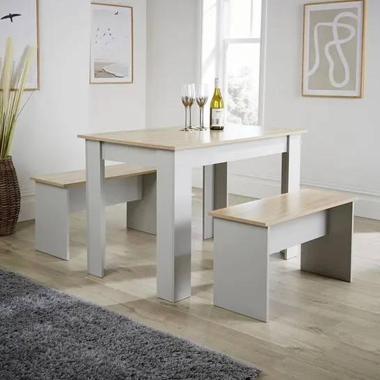 BOXED 4 PERSON GREY DINING TABLE AND BENCH SET