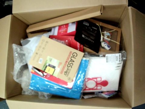 BOX OF SIGNIFICANT QUANTITY OF HOUSEHOLD ITEMS TO INCLUDE MINI GUTTER HOOKS, FASHION MASKS, TABLET SCREEN PROTECTORS ETC