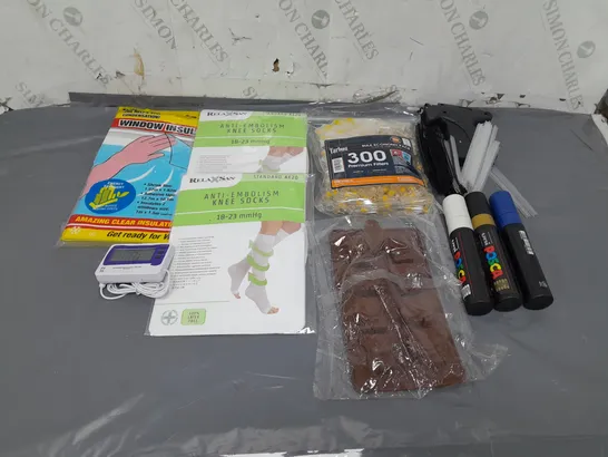 LOT OF APPROXIMATELY 20 ASSORTED HOUSEHOLD ITEMS TO INCLUDE WINDOW INSULATION KIT, KNEE SOCKS AND MITSUBISHI PENS