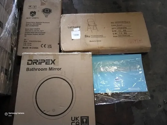 PALLET OF ASSORTED ITEMS INCLUDING DRIPEX BATHROOM MIRROR, MY DIAMOND ART STORAGE BOOK, BASKETBALL BACKBOARD, LE CHAMP FOLDOUT CHAIR, FOLDABLE BREAKFAST TABLE, PET STROLLER