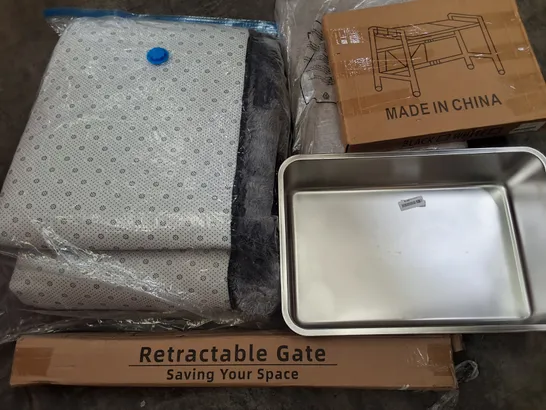 PALLET OF ASSORTED HOUSEHOLD ITEMS TO INCLUDE METAL BASIN RETRACTABLE GATE AND HOME FABRICS 