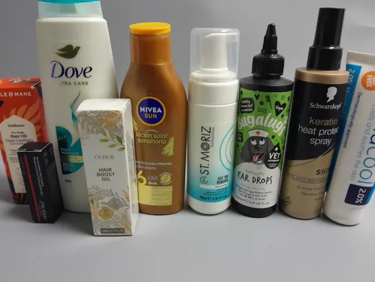 LOT OF ASSORTED HEALTH AND BEAUTY ITEMS TO INCLUDE SCHWARZKOPF KERATIN SPRAY, NIVEA SUNLOTION AND GRAPE GLOW BODY SCRUB