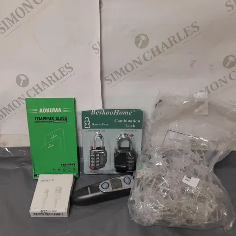 BOXED LOT OF APPROX. 15 ITEMS TO INCLUDE IPHONE CHARGER, DIGITAL THERMOMETER AND CHRISTMAS LIGHTS