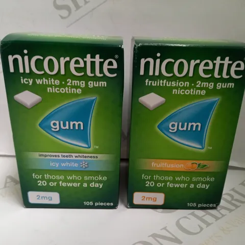 LOT OF 2 NICORETTE 2MG NICOTINE GUM (105 PIECES PER BOX) - FRUITFUSION & ICY WHITE