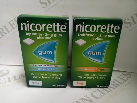 LOT OF 2 NICORETTE 2MG NICOTINE GUM (105 PIECES PER BOX) - FRUITFUSION & ICY WHITE