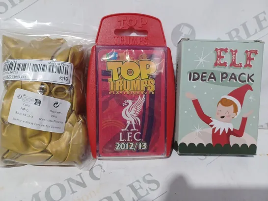 BOX OF APPROXIMATELY 15 ASSORTED TOYS AND GAMES TO INCLUDE ELF IDEA PACK, TOP TRUMPS LFC 2012/13, PACK OF BALLOONS, ETC