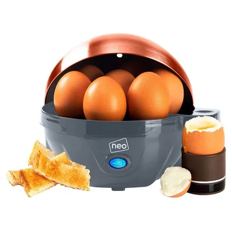 BOXED NEO GREY AND COPPER ELECTRIC EGG BOILER POACHER AND STEAMER (1 BOX)