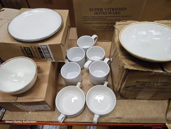 ASSORTED CROCKERY, INCLUDING, BIWLS, SIDE PLATES, MUGS, SOUP BOWLS.