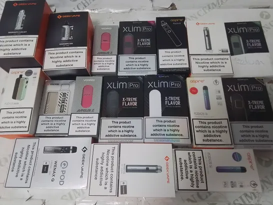 LOT OF ASSORTED E-CIGS AND PARTS TO INCLUDE VAPORESSO, GEEKVAPE AND ASPIRE