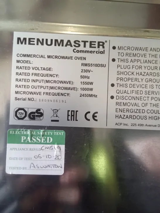 MENUMASTER RMS510DSU COMMERCIAL MICROWAVE 