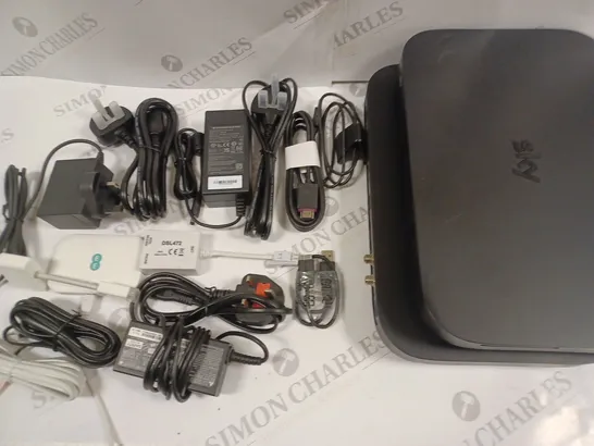 LOT OF ASSORTED TECH ITEMS TO INCLUDE SKY SET TOP BOXES AND VARIOUS CHARGERS AND CONNECTIVITY CABLES