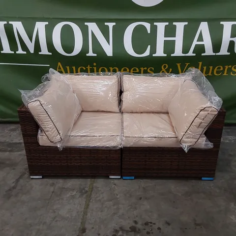 DESIGNER RATTAN 2 SEATER GARDEN/PATIO SOFA IN CHOCOLATE MIX AND COFFEE CREAM COLOUR WITH CUSHIONS