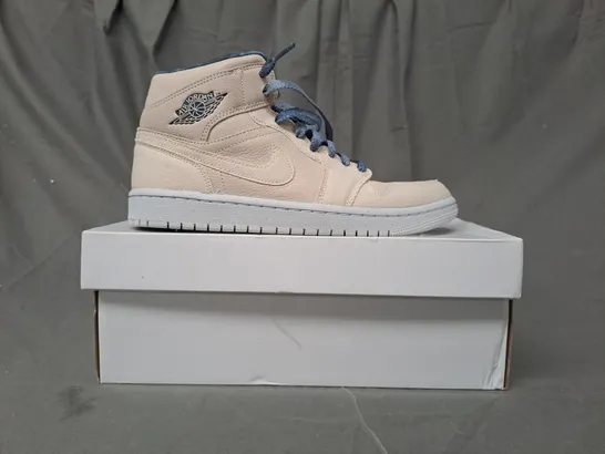 BOXED PAIR OF NIKE AIR JORDAN 1 MID SHOES IN CREAM/NAVY UK SIZE 6.5