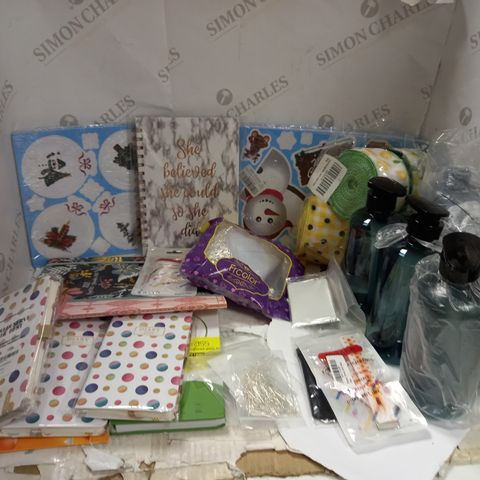 BOX OF APPROX 20 ASSORTED ITEMS TO INCLUDE ASSORTED CHRISTMAS STICKERS, ASSORTED DIARIES, PUMP BOTTLES