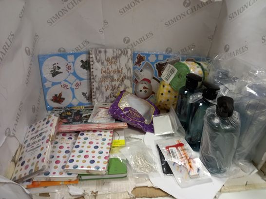 BOX OF APPROX 20 ASSORTED ITEMS TO INCLUDE ASSORTED CHRISTMAS STICKERS, ASSORTED DIARIES, PUMP BOTTLES