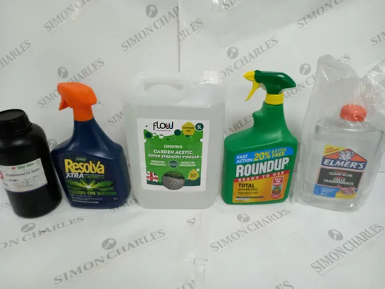 BOX OF APPROX 6 ASSORTED LIQUIDS TO INCLUDE - ROUND UP WEED KILLER- UV RESIN - CLEAR GLUE ECT