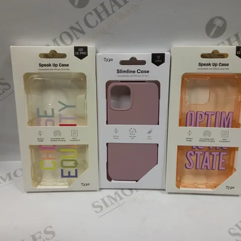 BOX OF APPROXIMATELY 54 TYPO PHONES CASES ('SLIMLINE CASE' & 'SPEAK UP CASE') FOR IPHONE 12 MINI, 12/12PRO IN VARYING COLOURS