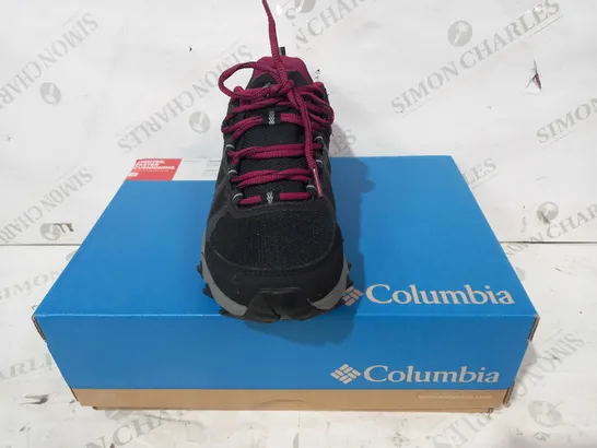 BOXED PAIR OF COLUMBIA PEAKFREAK II OUTDRY SHOES IN BLACK/PURPLE UK SIZE 6.5