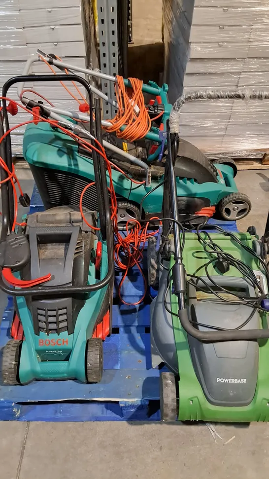 LOT OF 3 UNBOXED WIRED LAWNMOWERS INCLUDES BOSCH ROTAK 34 + ROTAK 34 ERGOFLEX AND POWERBASE ROTARY