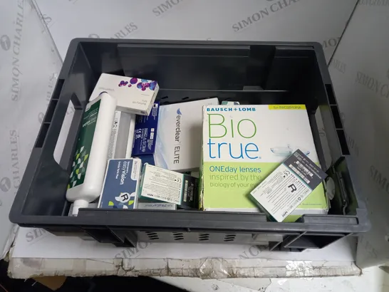 BOXED LOT TO CONTAIN APPROX. 30 X ASSORTED VISION CARE PRODUCTS. INCLUDES PACKS OF CONTACT LENSES & CONTACT LENSE CLEANING SOLUTION. BRANDS VARY