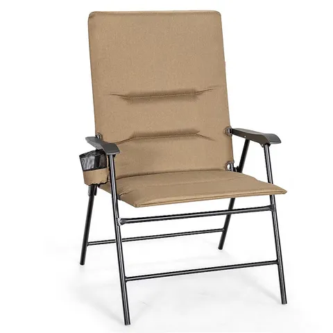 BOXED SET OF 2 PADDED FOLDING CHAIR WITH CUP HOLDER FOR BEACH LAWN YARD - BROWN