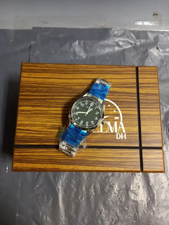 BOXED HELMA DH STAINLESS STEEL GREEN FACE WATCH