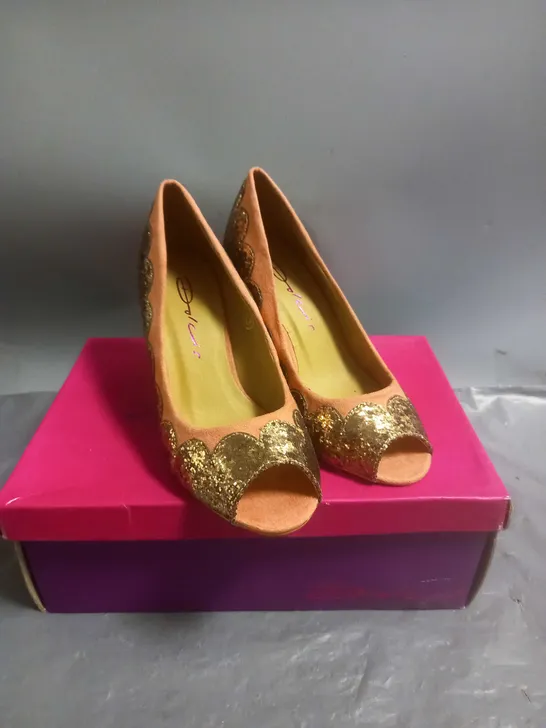 DOLCIS LADIES HIGH HEELED OPEN TOE SHOES CORAL/BRONZE GLITTER SIZE 3