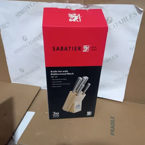 SABATIER 5 PIECE KNIFE SET WITH WOODEN STORAGE BLOCK & GIFT BOX