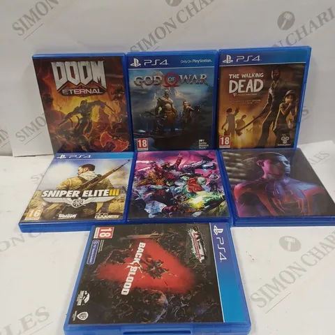 BOX TO CONTAIN APPROX. 7 X ASSORTED PS4 GAMES. INCLUDES DOOM ETERNAL, GOD OF WAR, THE WALKING DEAD. 