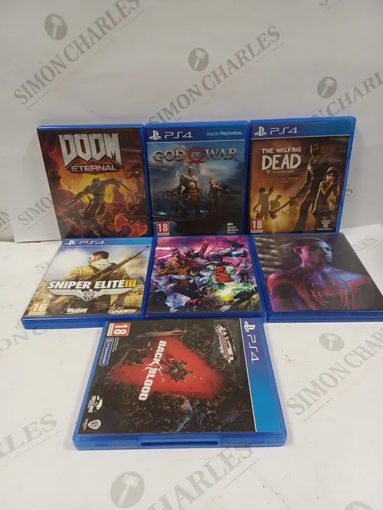 BOX TO CONTAIN APPROX. 7 X ASSORTED PS4 GAMES. INCLUDES DOOM ETERNAL, GOD OF WAR, THE WALKING DEAD. 