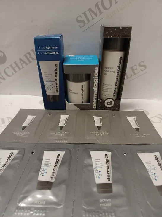 LOT OF 5 ASSORTED DERMALOGICA PRODUCTS TO INCLUDE AWAKEN PEPTIDE EYE GEL SAMPLES, SKIN SMOOTHING CREAM, SPECIAL CLEANSING GEL, ETC 