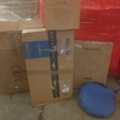 PALLET OF ASSORTED ITEMS INCLUDING OFFICE CHAIR, TV CART, TOILET SEAT, EGG HOLDER