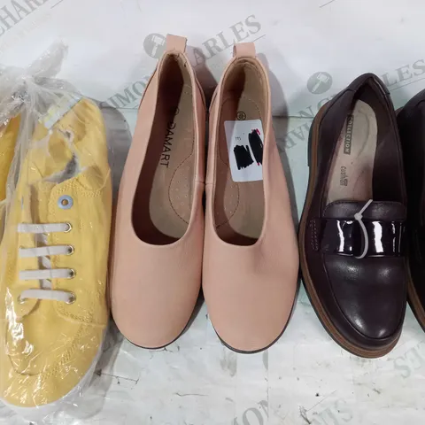 BOX OF APPROXIMATELY 10 ASSORTED PAIRS OF SHOES AND FOOTWEAR ITEMS IN VARIOUS STYLES AND SIZES TO INCLUDE DAMART, COLLECTION BY CLARKS, VIONIC BEACH, ETC