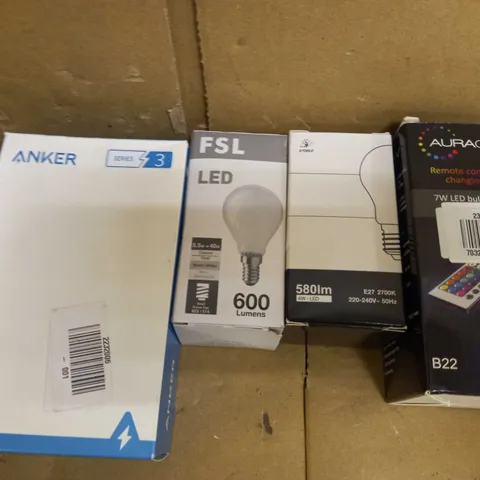 BOX OF APPROXIMATELY 8 ASSORTED HOUSEHOLD ITEMS TO INCLUDE AURAGLOW REMOTE CONTROLLED COLOUR CHANGING BULB, FSL LED 600 LUMENS BULB, ANKER POWERPORT MINI, ETC
