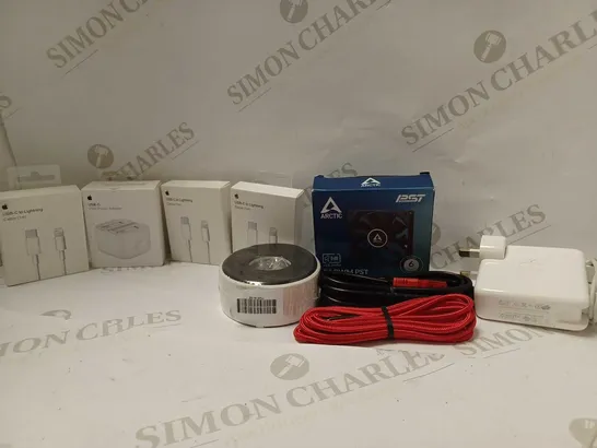 BOX OF ASSORTED ELECTRICALS & ELECTRICAL CABLES OF VARIOUS TYPES TO INCLUDE APPLE USB-C 20W POWER ADAPTER, ARCTIC F9 PWM PST CASE FAN, CCTV CAMERA JUNCTION BOX, ETC