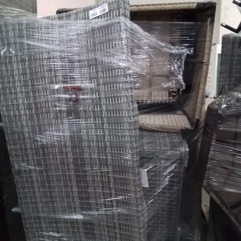 PALLET OF ASSORTED RATTAN GARDEN FURNITURE PARTS INCLUDING HARLOW NEST OF TABLES, WILLOW RATTAN PARTS.